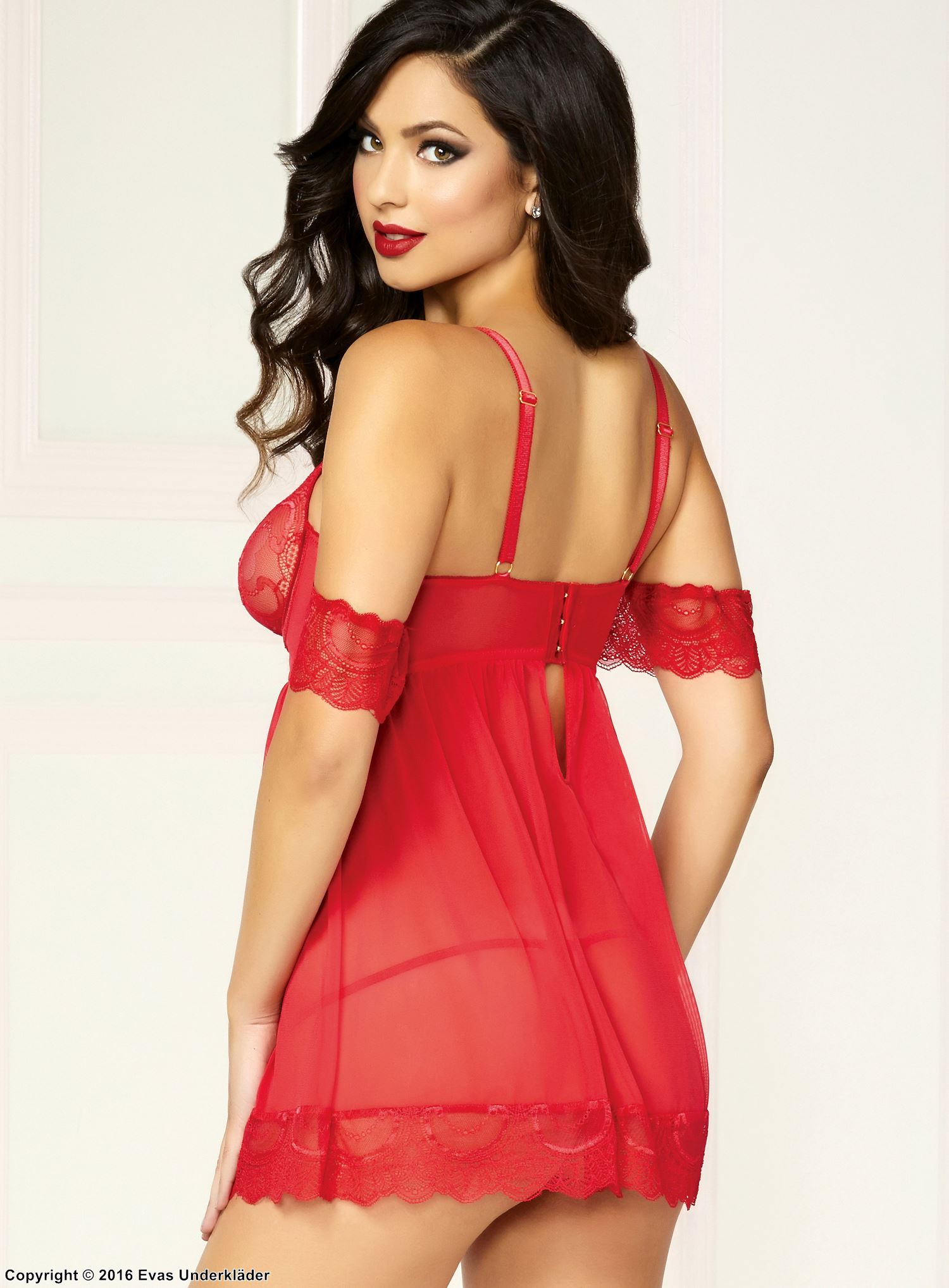 Babydoll med BH-cuper, maske, cuper av blonder, off-shoulder